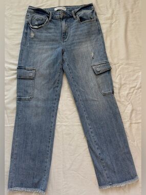 Lovervet by Vervet Cargo Straight Leg Jeans Raw Hem Light Wash 29